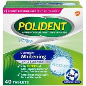 Polident Antibacterial Denture Cleanser, Overnight Whitening, 4 In 1 Cleaning Power, Tablets