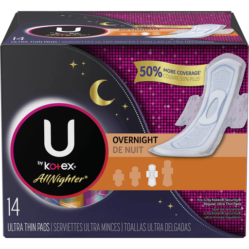 U by Kotex All Nighter Pads, Ultra Thin, Wings, Overnight