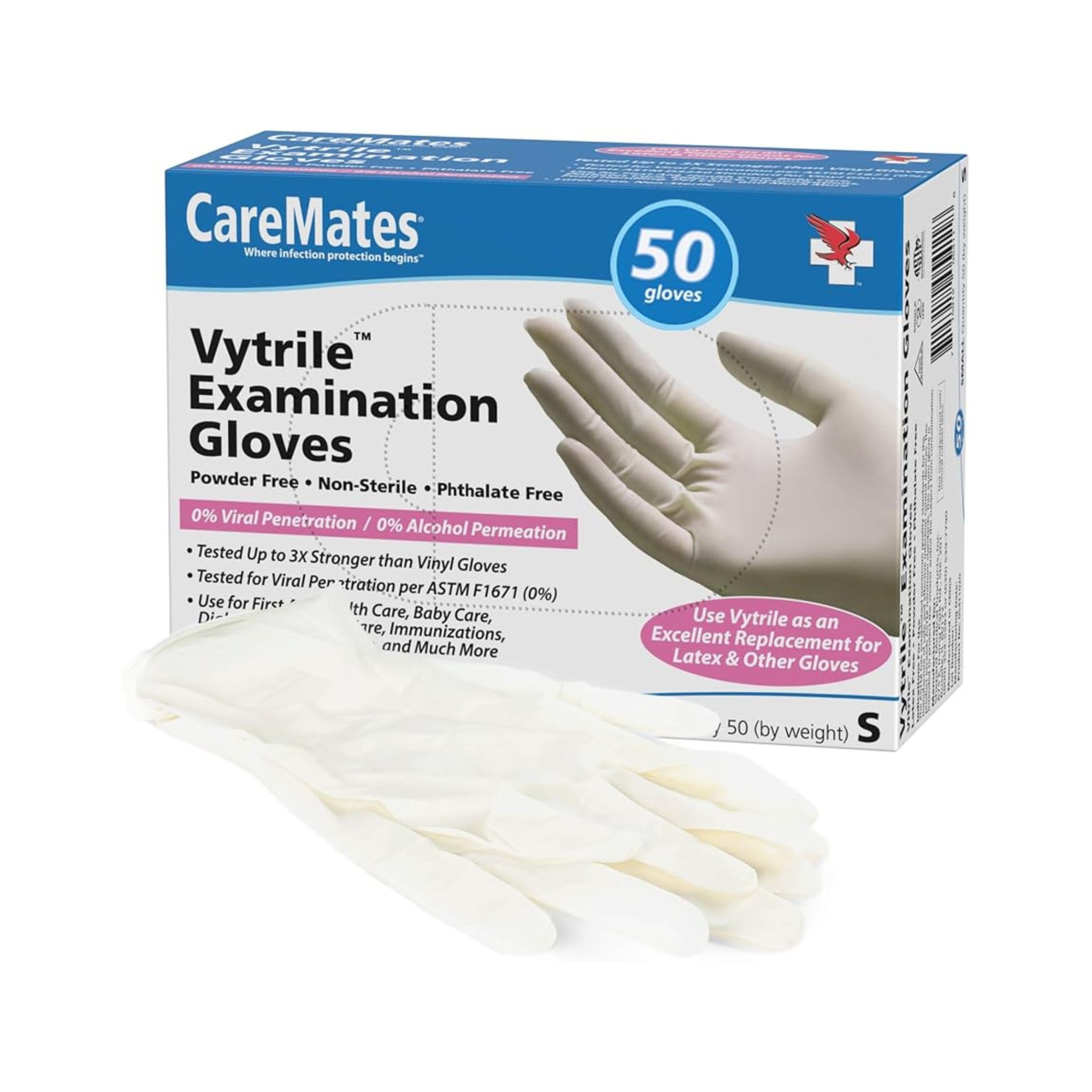 CareMates Vinyl Powder Free Exam Gloves, Small