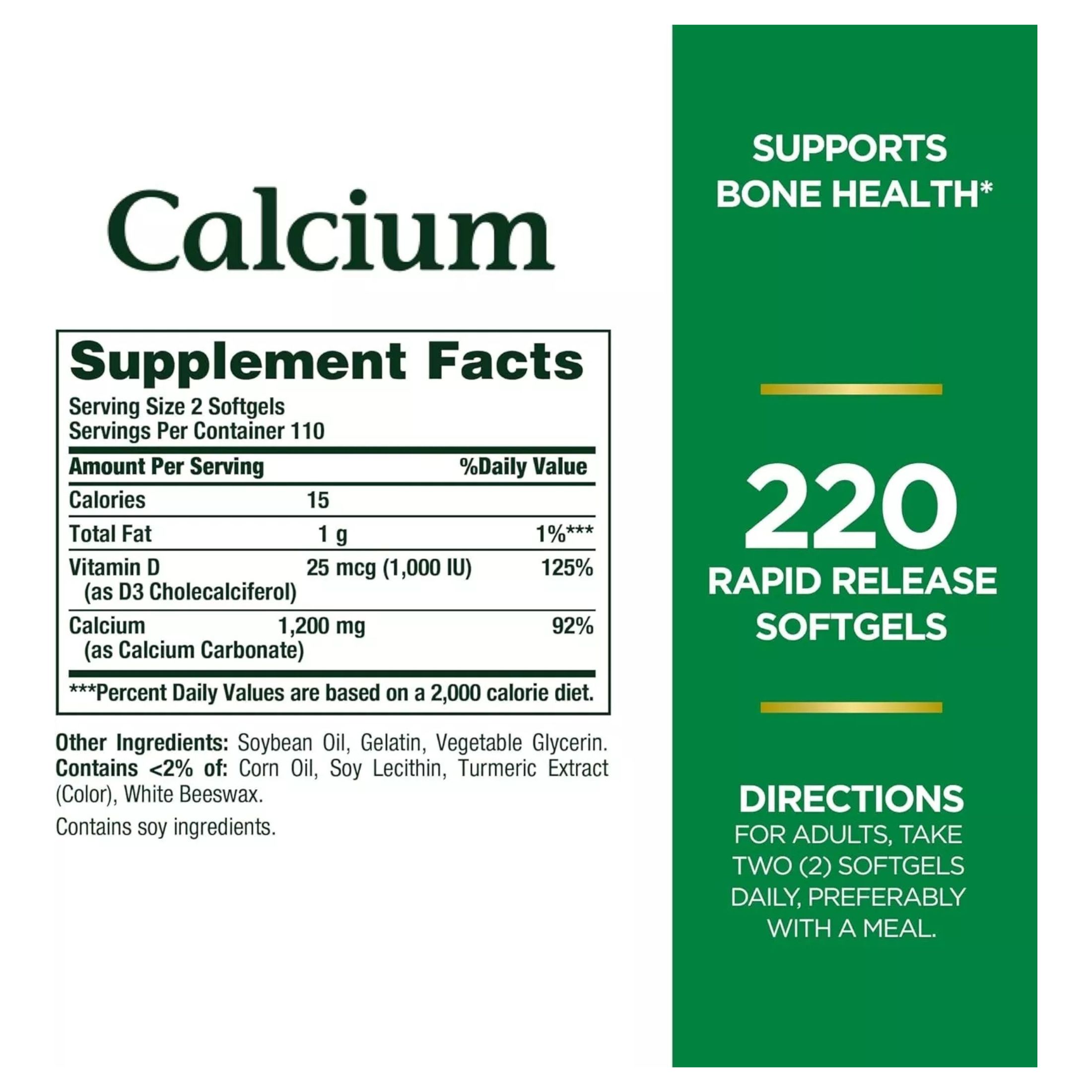 Nature's Bounty Calcium Plus Vitamin D3, 1,200 Mg, 220 Rapid Release Softgels