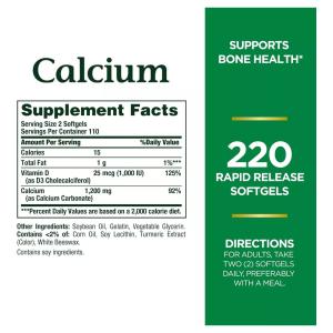 Nature's Bounty Calcium Plus Vitamin D3, 1,200 Mg, 220 Rapid Release Softgels