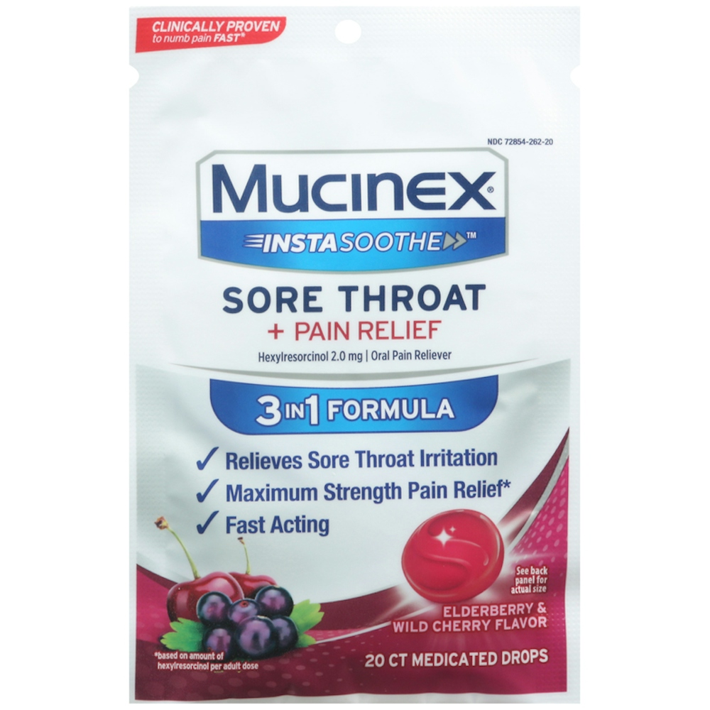 Mucinex InstaSoothe Sore Throat + Pain Relief, 3 In 1 Formula, Medicated Drops, Elderberry & Wild Cherry Flavor