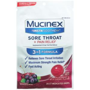 Mucinex InstaSoothe Sore Throat + Pain Relief, 3 In 1 Formula, Medicated Drops, Elderberry & Wild Cherry Flavor