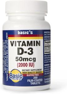 Basic's Vitamins Natural Vitamin D-3 2000 IU – 200 Film-Coated Tablets