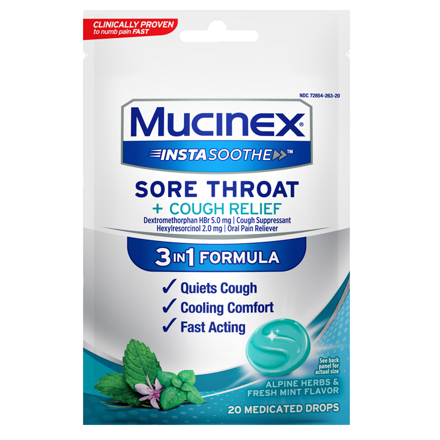 Mucinex Sore Throat + Cough Relief, 3 In 1 Formula, Medicated Drops, Alpine Herbs & Fresh Mint Flavor