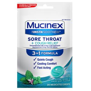 Mucinex Sore Throat + Cough Relief, 3 In 1 Formula, Medicated Drops, Alpine Herbs & Fresh Mint Flavor