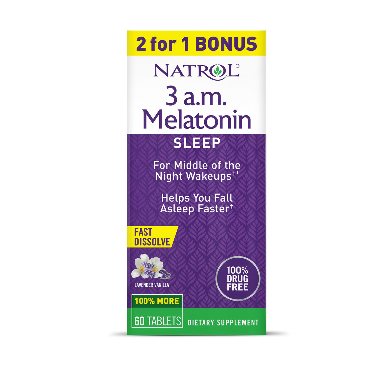 Natrol 3 A.M. Melatonin, Sleep, Lavender Vanilla, 60 Tablets