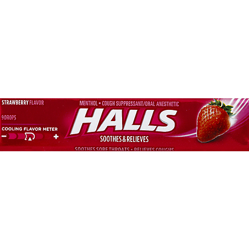 Halls Relief Strawberry Flavor Cough Suppressant & Oral Anesthetic Drops 9 Ct Pack