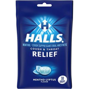 Halls Cough & Throat Relief Mentho-Lyptus Flavor Menthol Drops, 30 Count