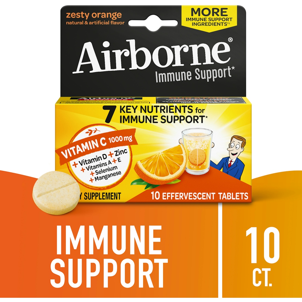 Airborne Zesty Orange Immune Support Supplement Original Effervescent Tablets 10 Ct Box
