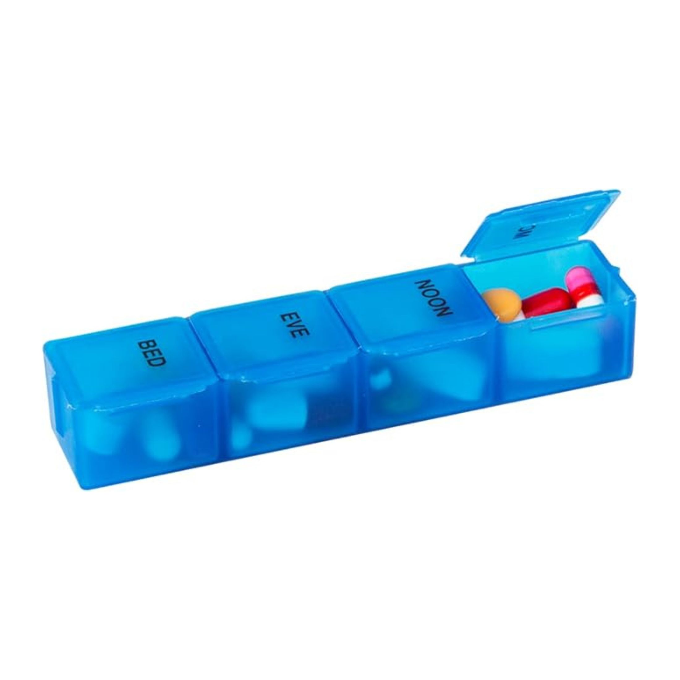 Acu-Life Daily Pill Case, Medicine Planner, Vitamin Organizer Box, Convenient And Easy To Use, Travel Size, 4 Times A Day, Blue, Made In The USA, BPA Free 4x A Day