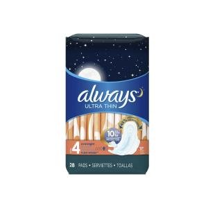 Always Ultra Thin Size 4 Overnight Pads W/wings Unscented 28s
