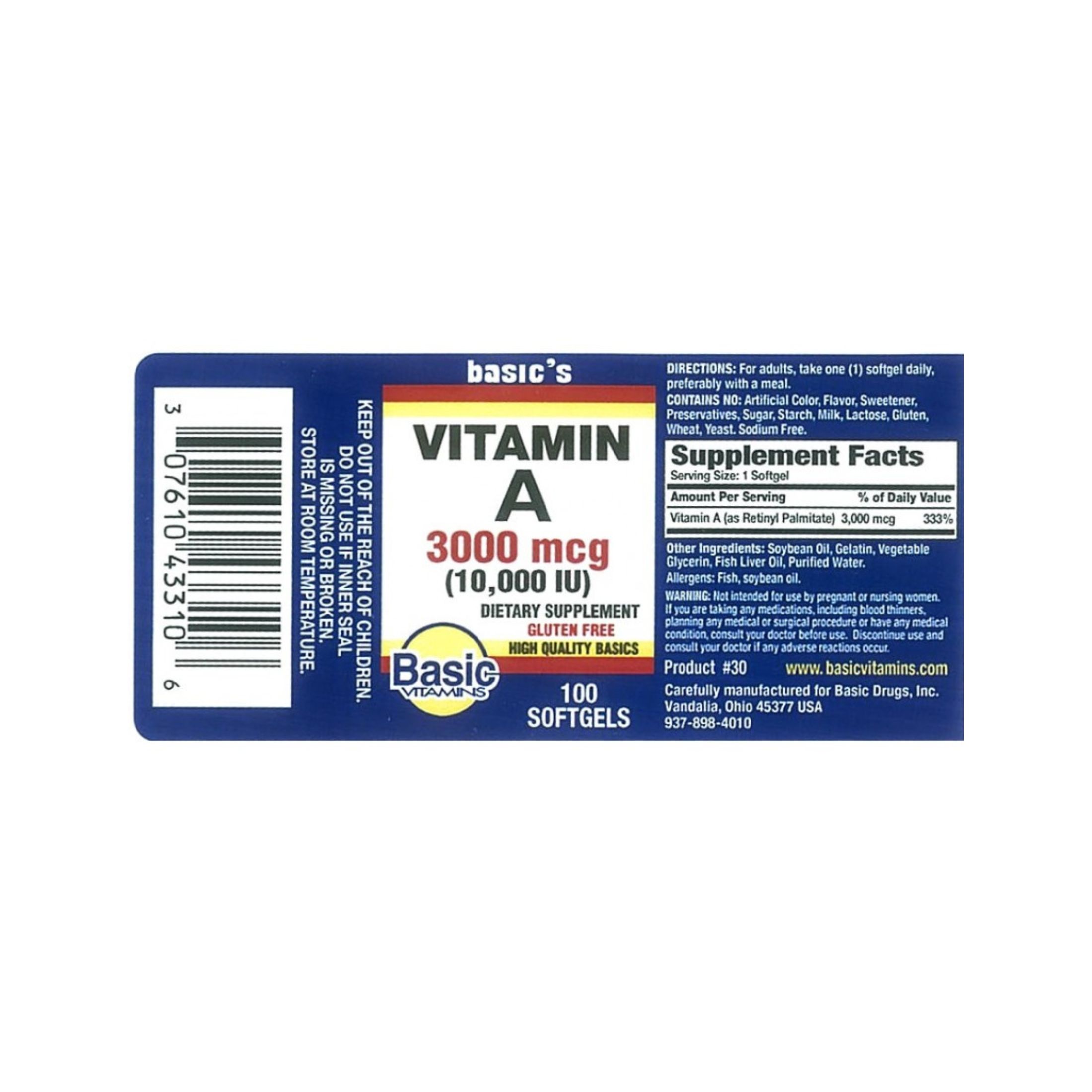 Basic Vitamins Vitamin A 10,000 IU - 100 Softgels
