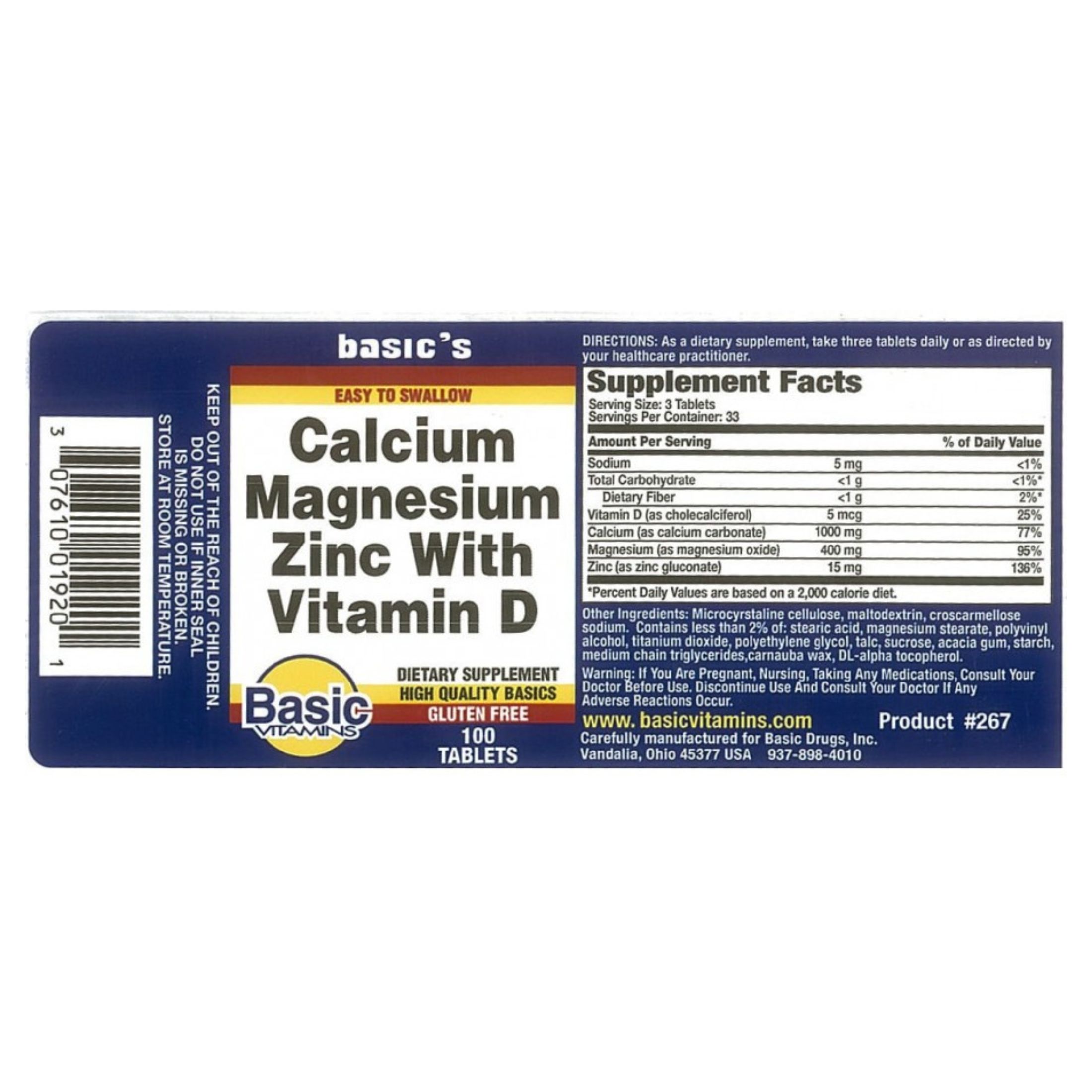 Basic Vitamins Natural Calcium Magnesium With Zinc - 100 Tabs