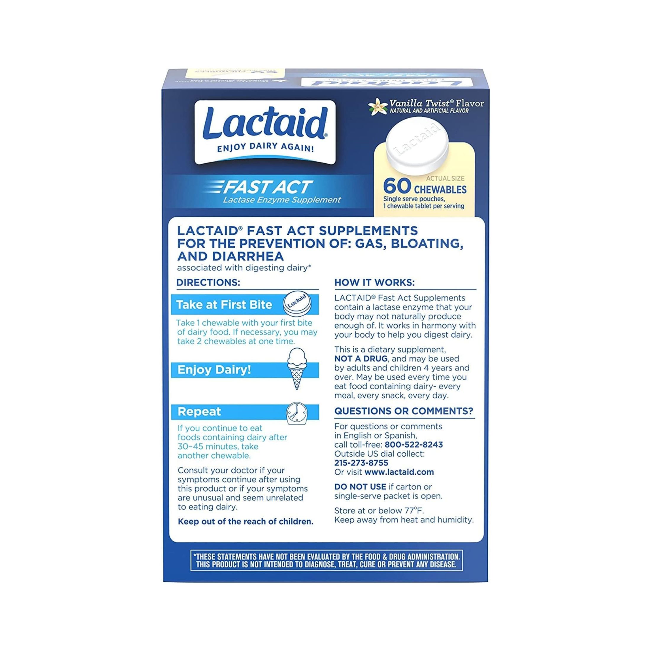 Lactaid Lactase Enzyme Supplement, Fast Act, Chewables, Vanilla Twist Flavor