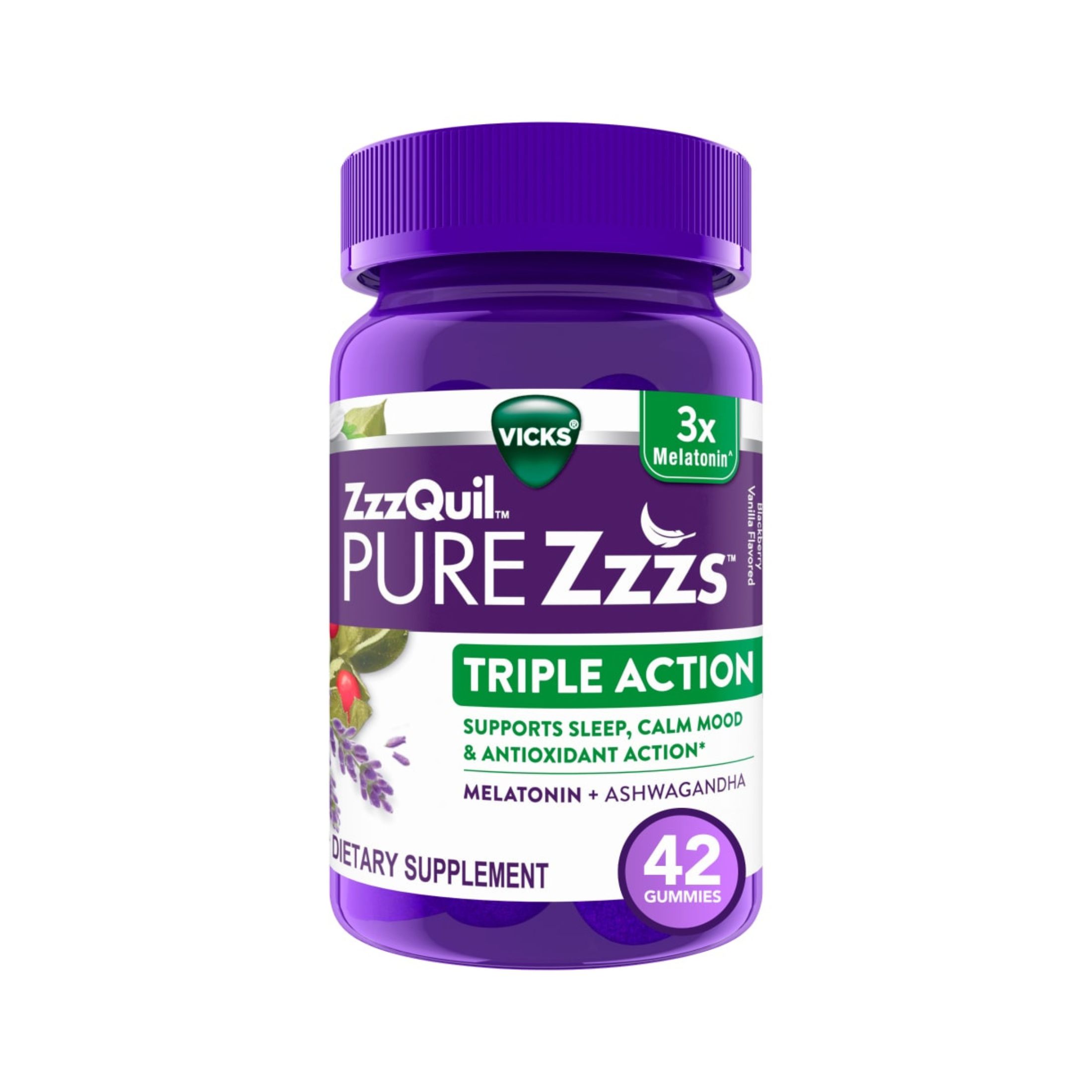 Vicks ZzzQuil PURE Zzzs Triple Action Gummy Melatonin Sleep-Aid With Ashwagandha, 6mg Per Serving By ZzzQuil, 42 Gummies