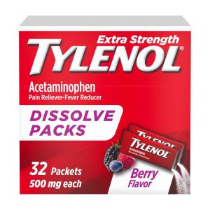 Tylenol Extra Strength Dissolve Packs, 500 Mg Acetaminophen Pain Reliever & Fever Reducer, On-the-Go Powder Packets For Minor Aches & Pains, Ibuprofen- & Aspirin-Free, Berry Flavor