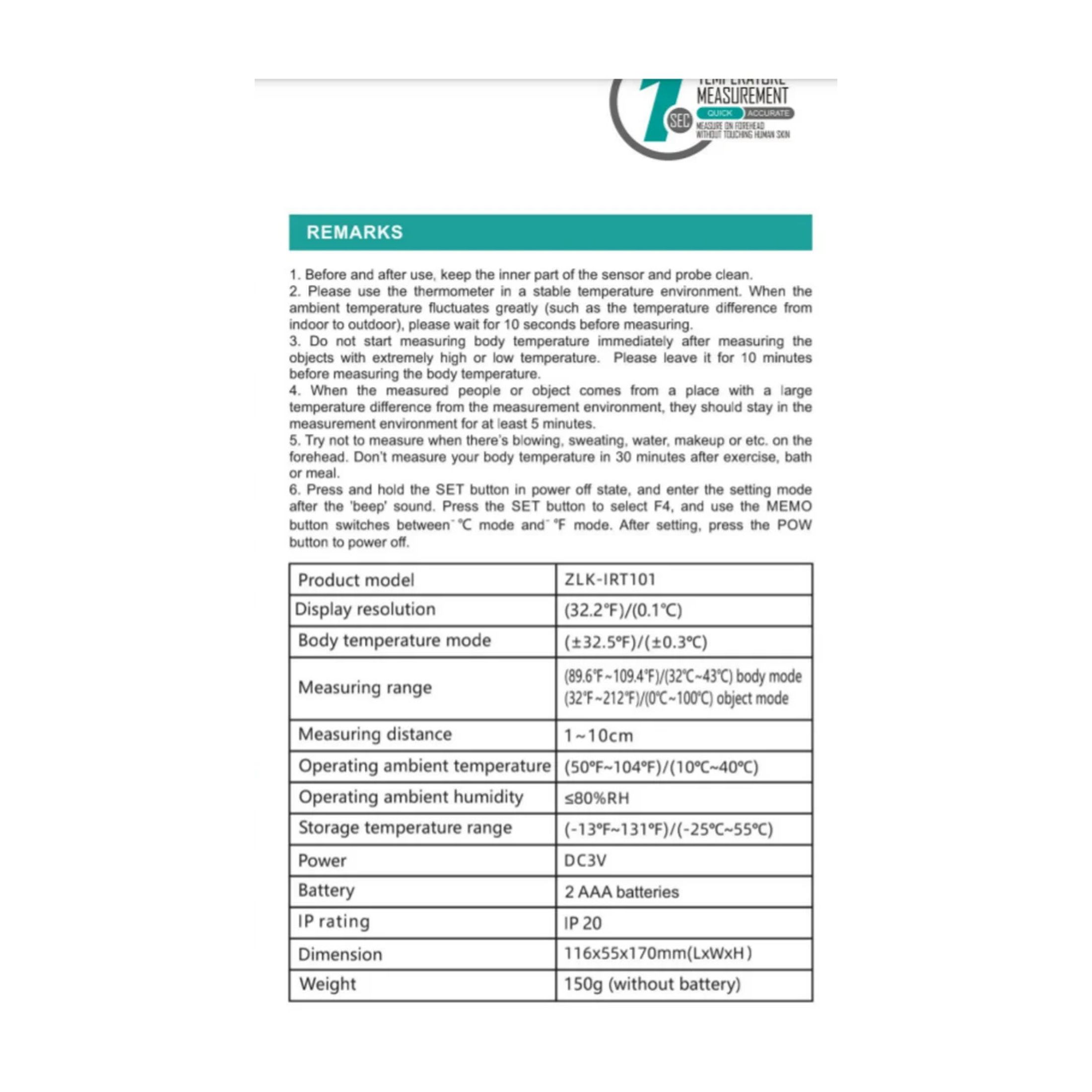 Cha Care4U Infrared Thermometer Thermal No-contact Forehead Thermometer 1sec. Measuring Time