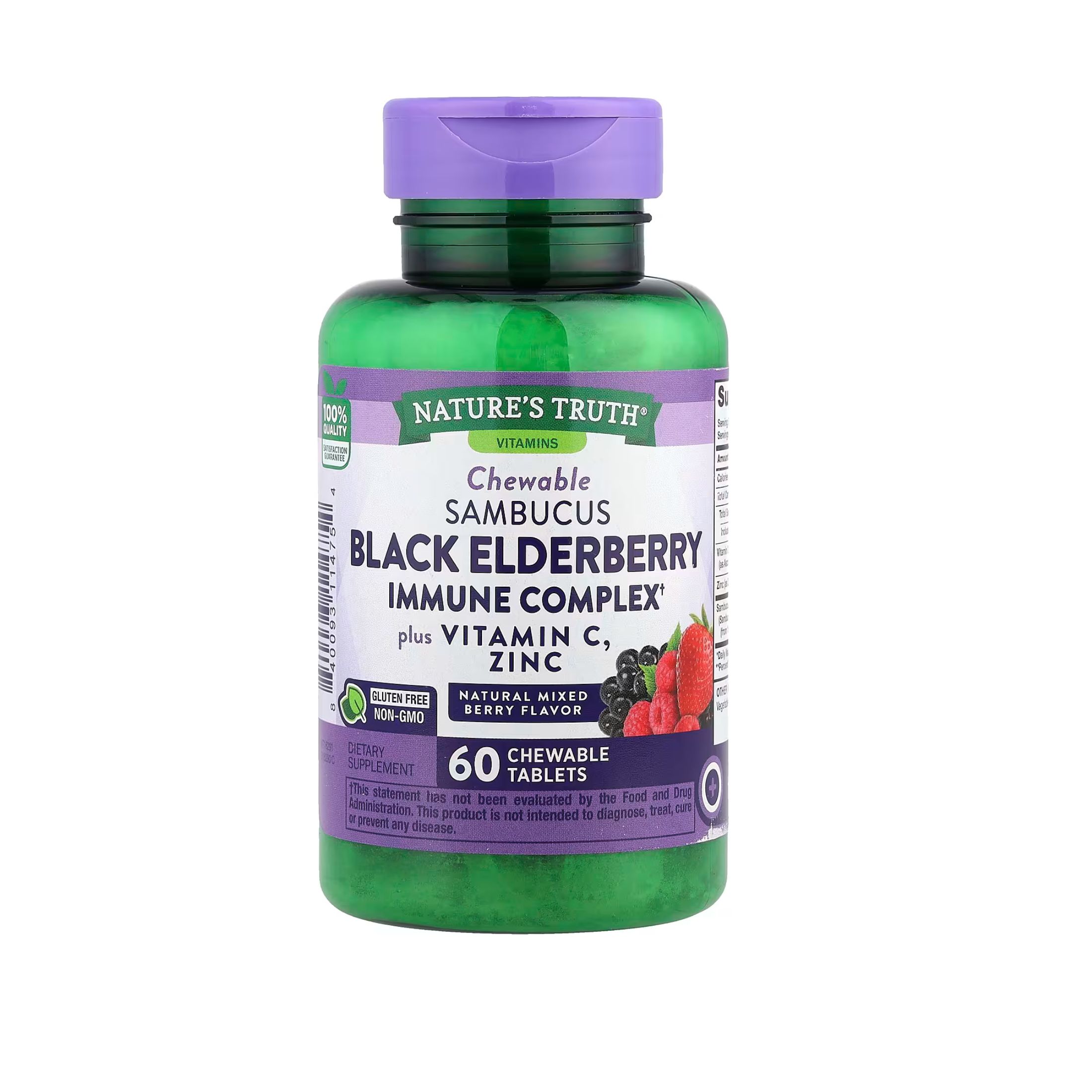 Nature's Truth Sambucus Black Elderberry Immune Complex Plus Vitamin C & Zinc, Natural Mixed Berry, 60 Chewable Tablets