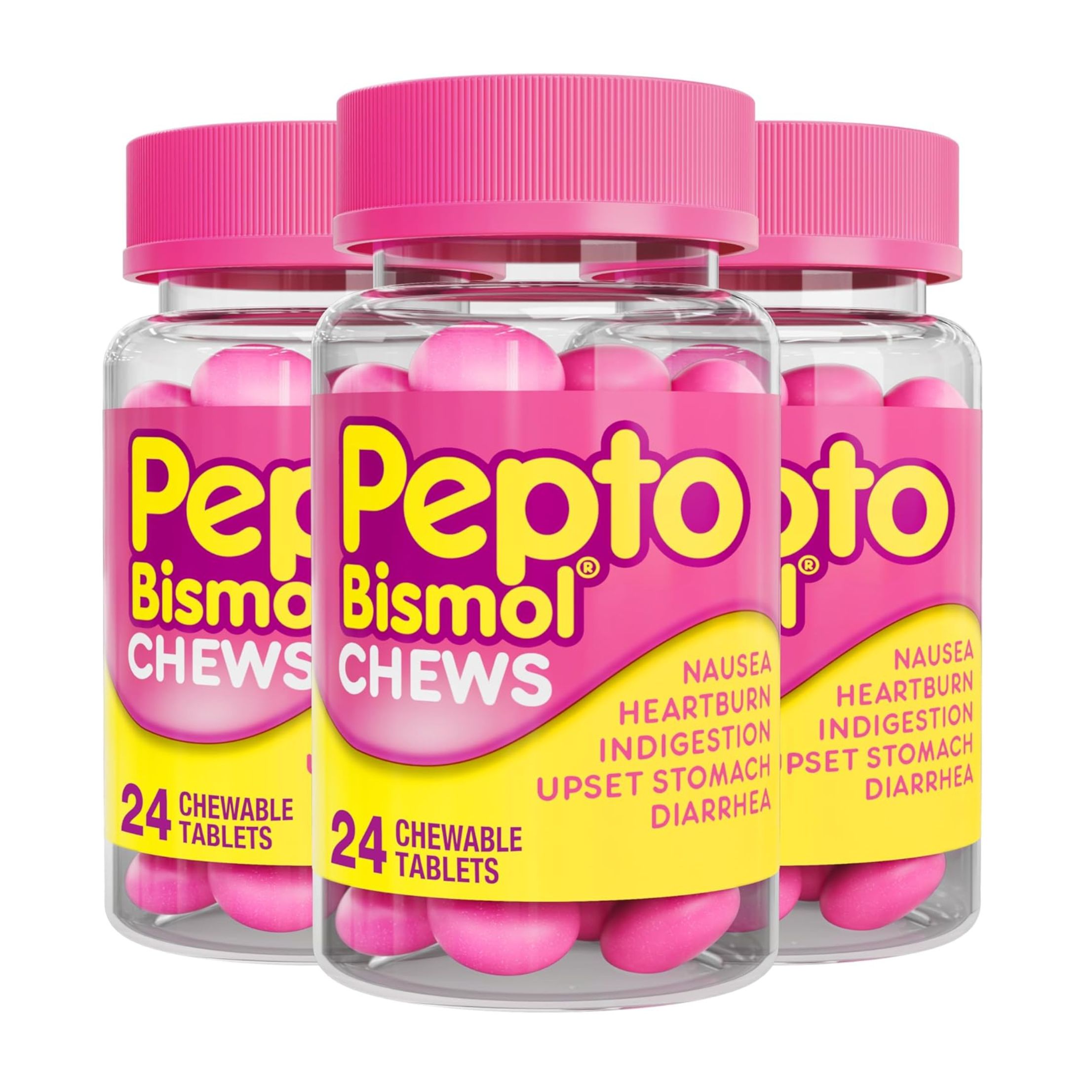 Pepto Bismol Chews, Fast And Effective Digestive Relief From Nausea, Heartburn, Indigestion, Upset Stomach, Diarrhea, 24 Chewable Tablets