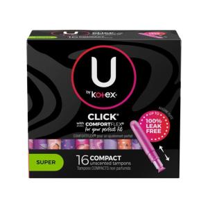 U by Kotex Click Compact Tampons, Super Absorbency, Unscented – 16