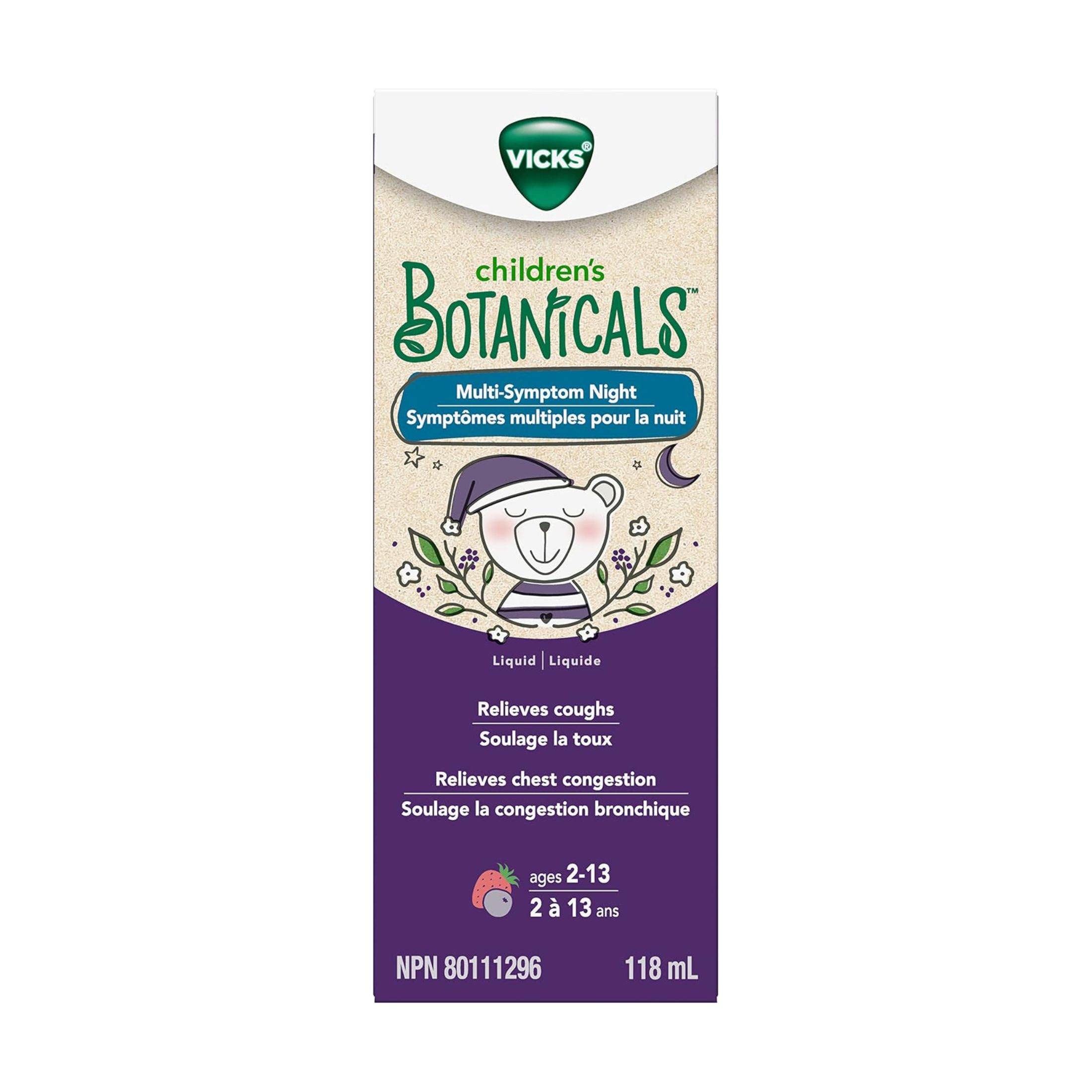 Vicks Children’s Botanicals Cough Syrup + Mucus + Nasal*, Night, Drug Free, Free Of Medicine, Delicious Kids’ Berry Flavor, 4 Fl Oz, Ages 1