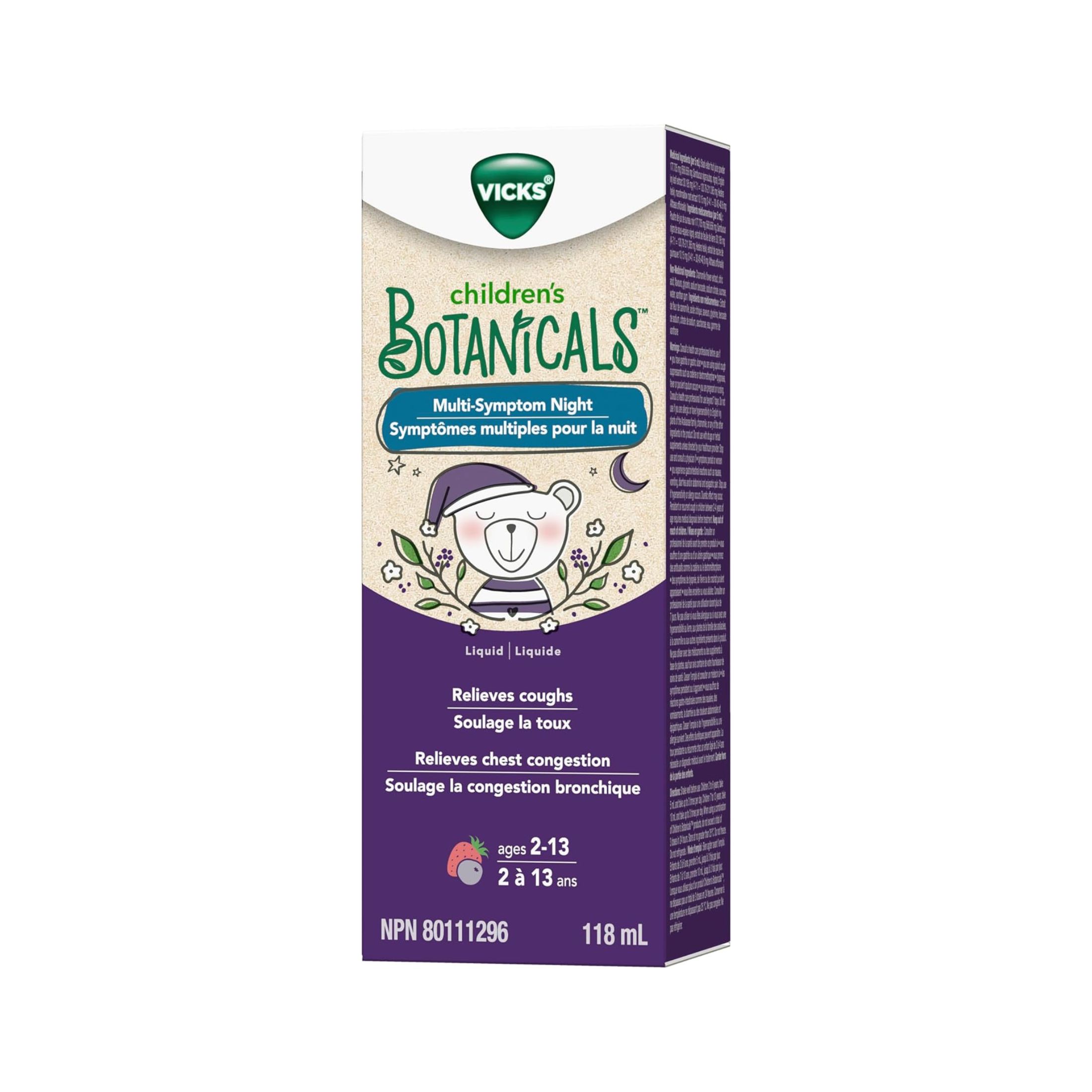 Vicks Children’s Botanicals Cough Syrup + Mucus + Nasal*, Night, Drug Free, Free Of Medicine, Delicious Kids’ Berry Flavor, 4 Fl Oz, Ages 1