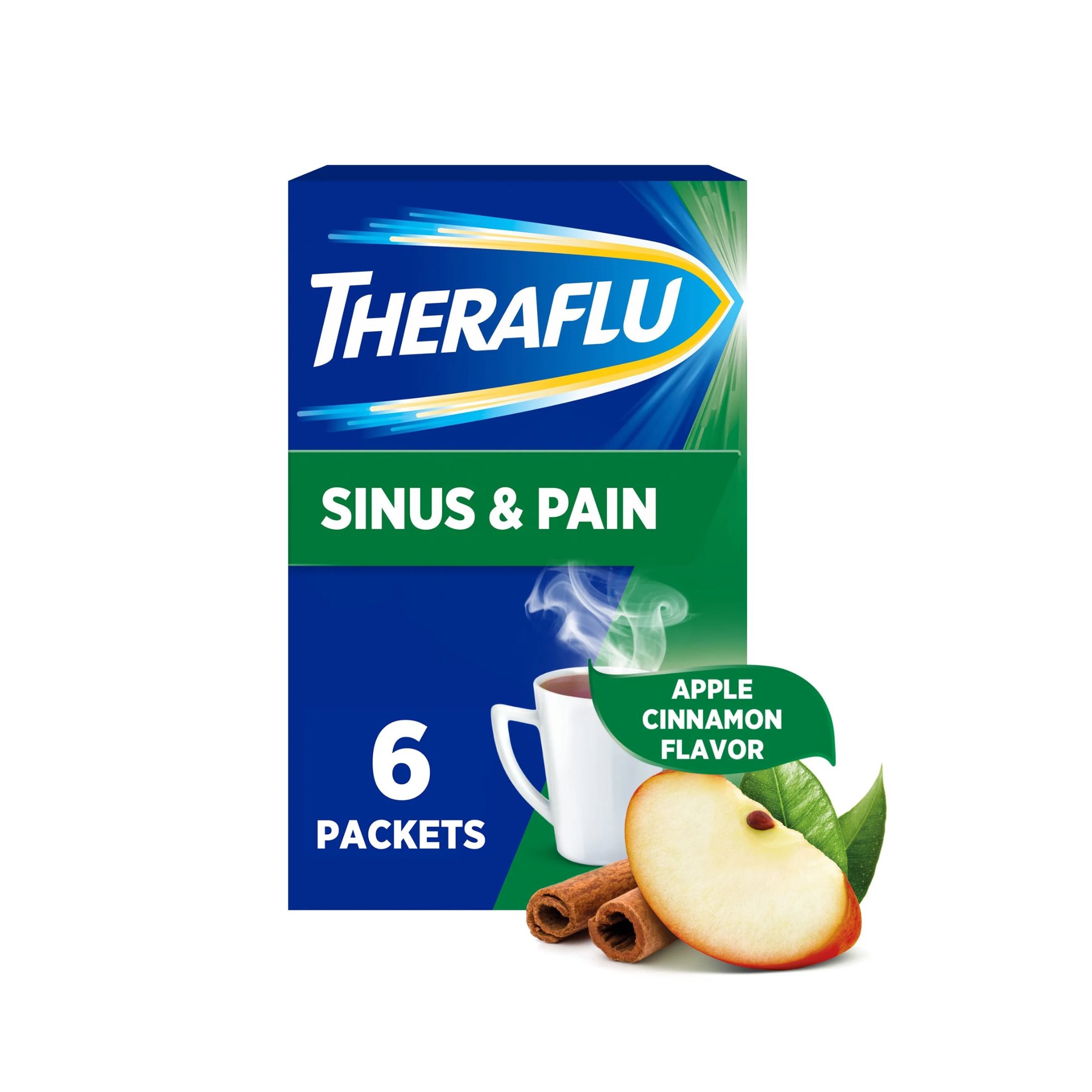 Theraflu Sinus And Pain Hot Liquid Powder Apple Cinnamon Flavor 6 Count Box