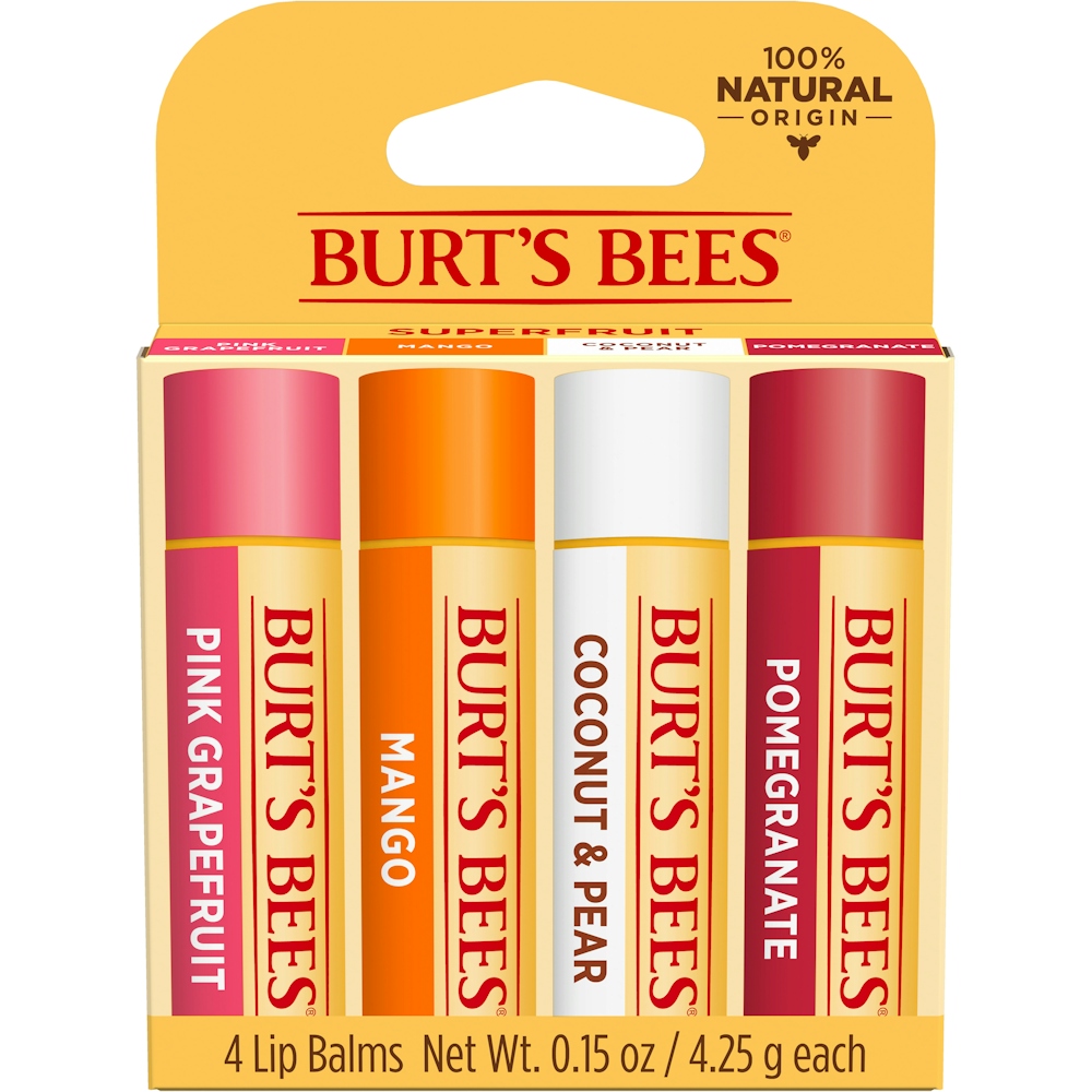 Burt's Bees 100% Natural Moisturizing Lip Balm, Superfruit - Pink Grapefruit, Mango, Coconut & Pear, Pomegranate - 4 Tubes