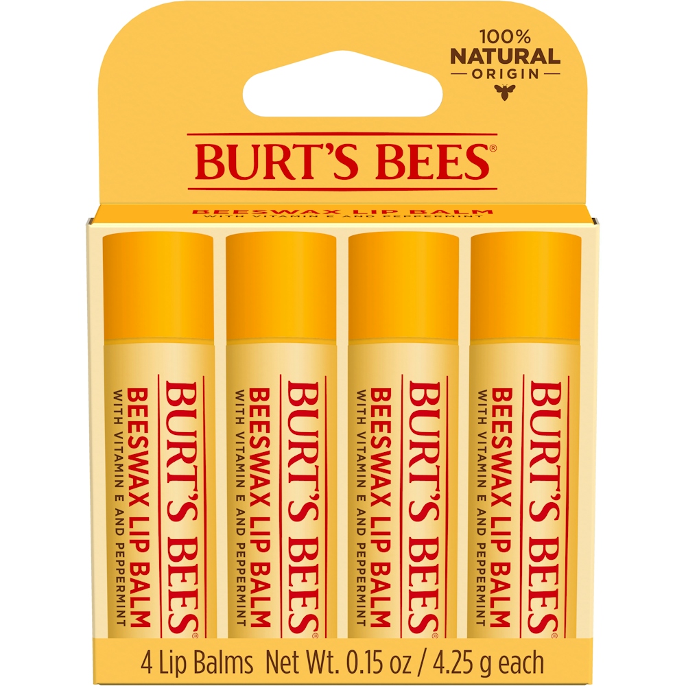 Burt's Bees 100% Natural Origin Moisturizing Lip Balm Original Beeswax With Vitamin E & Peppermint Oil, Beeswax, 4 Tubes