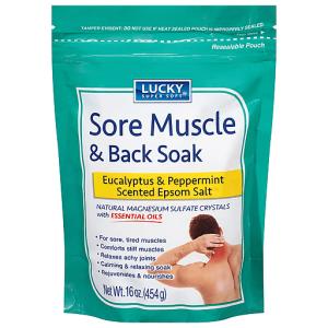Lucky Super Soft Epsom Salt, Sore Muscle & Back Soak, Eucalyptus & Peppermint Scented 16 Oz