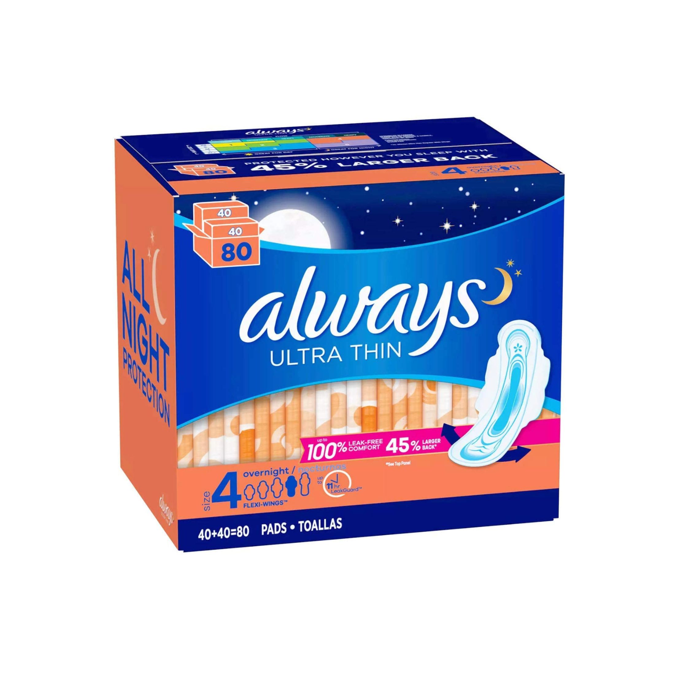 Always Ultra Thin With Wings, Size 4, Overnight, 14 Pads