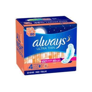 Always Ultra Thin With Wings, Size 4, Overnight, 14 Pads