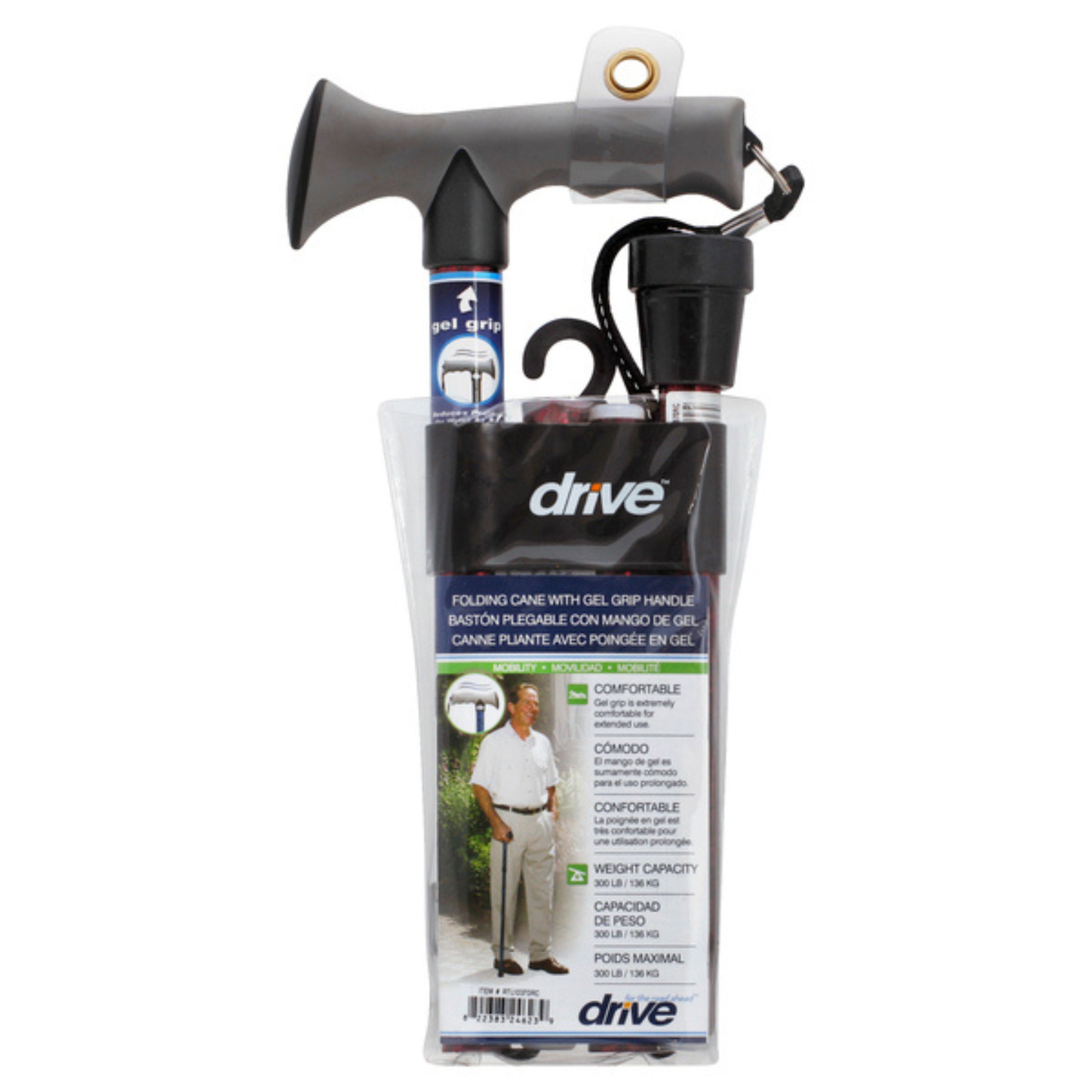 Drive Medical Adjustable Lightweight Black Folding Cane With Gel Hand Grip