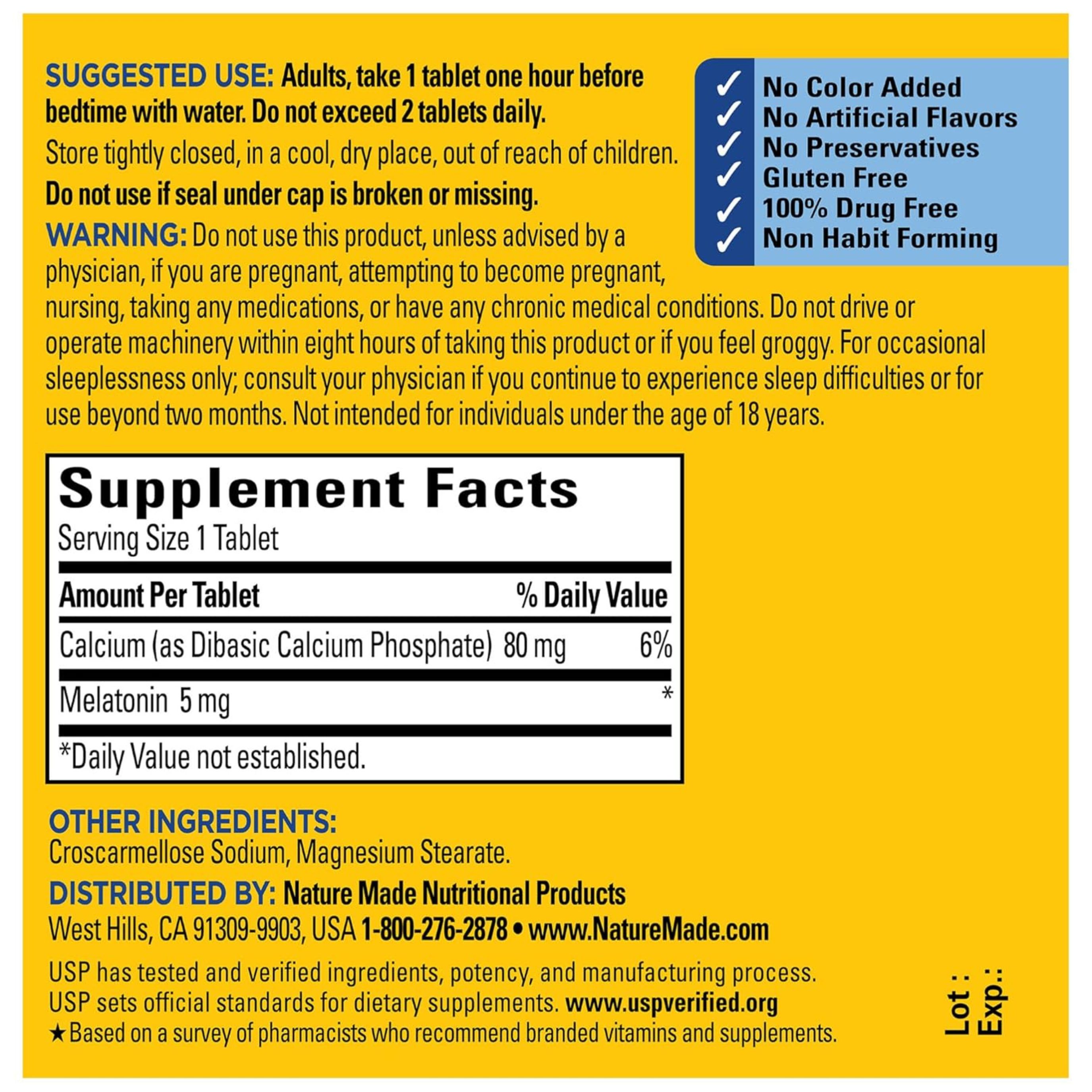 Nature Made Melatonin 5 Mg Tablets 100% Drug Free Sleep Aid For Adults