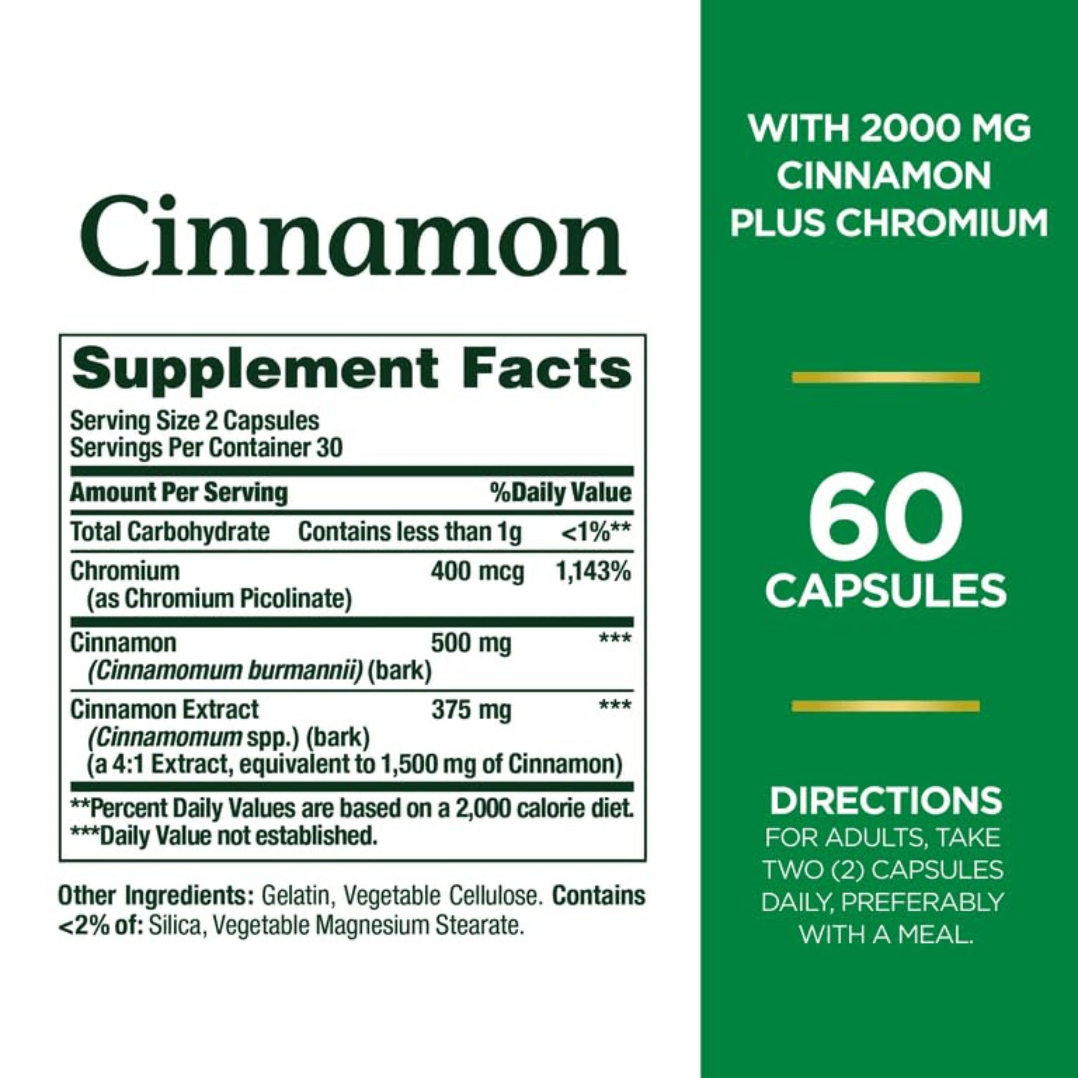 Nature's Bounty High Potency Cinnamon, 2000 Mg Plus Chromium Dietary Supplement Capsules