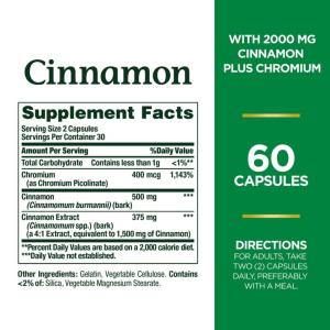 Nature's Bounty High Potency Cinnamon, 2000 Mg Plus Chromium Dietary Supplement Capsules