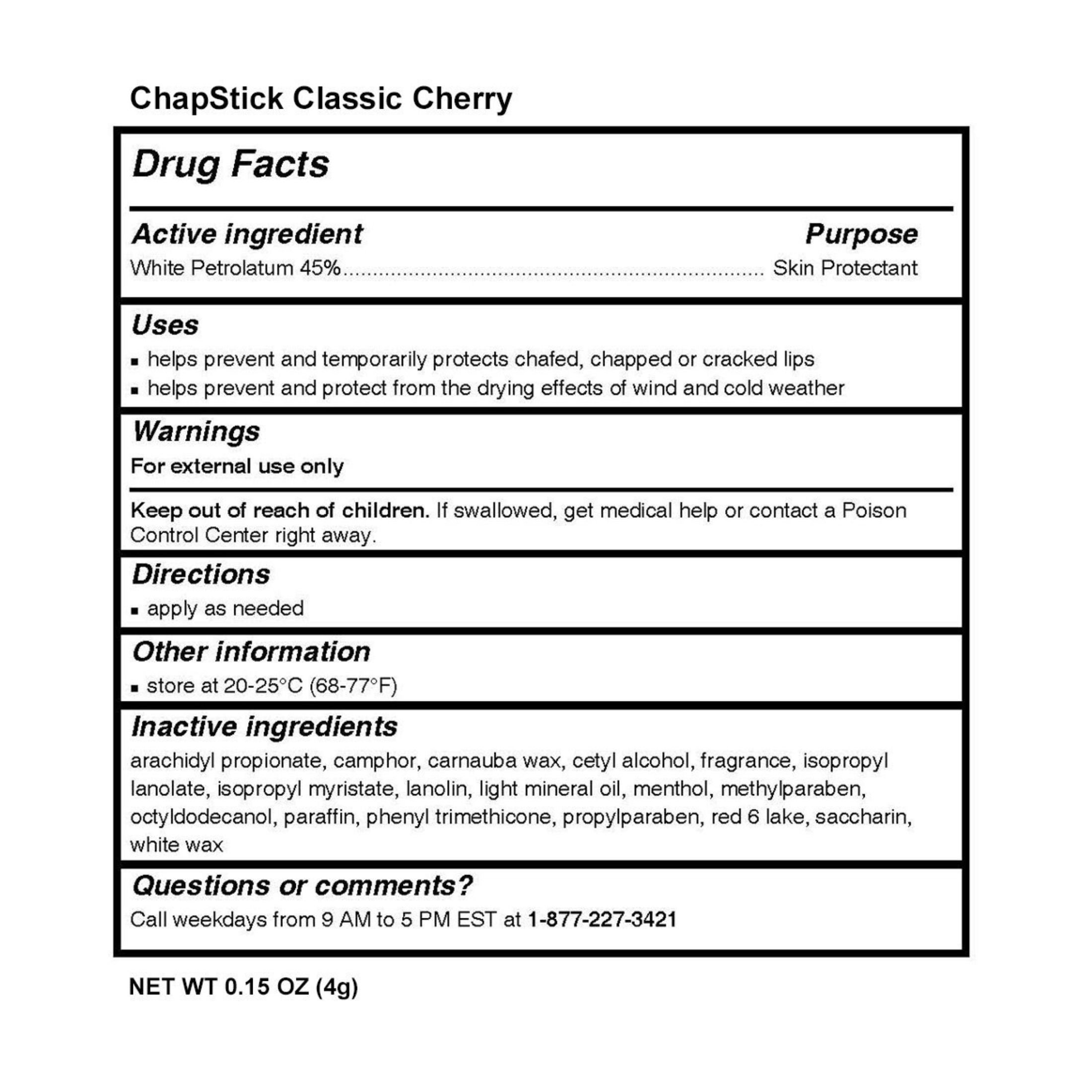 ChapStick Classic Skin Protectant Flavored Lip Balm Tube, 0.15 Ounce Each, Cherry Flavor