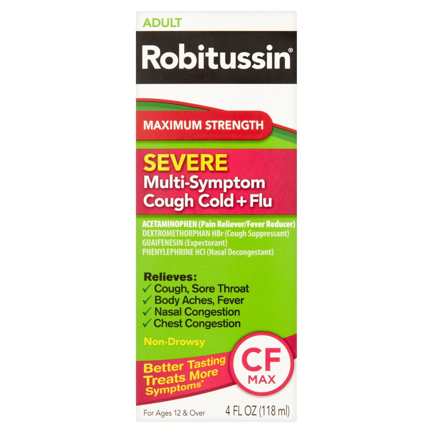 Robitussin Adult Maximum Strength Severe Multi Symptom Cough (4 Fl. Oz. Bottle), Cold + Flu Cf Max, Non Drowsy, Raspberry Mint Flavor