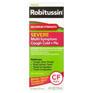 Robitussin Adult Maximum Strength Severe Multi Symptom Cough (4 Fl. Oz. Bottle), Cold + Flu Cf Max, Non Drowsy, Raspberry Mint Flavor