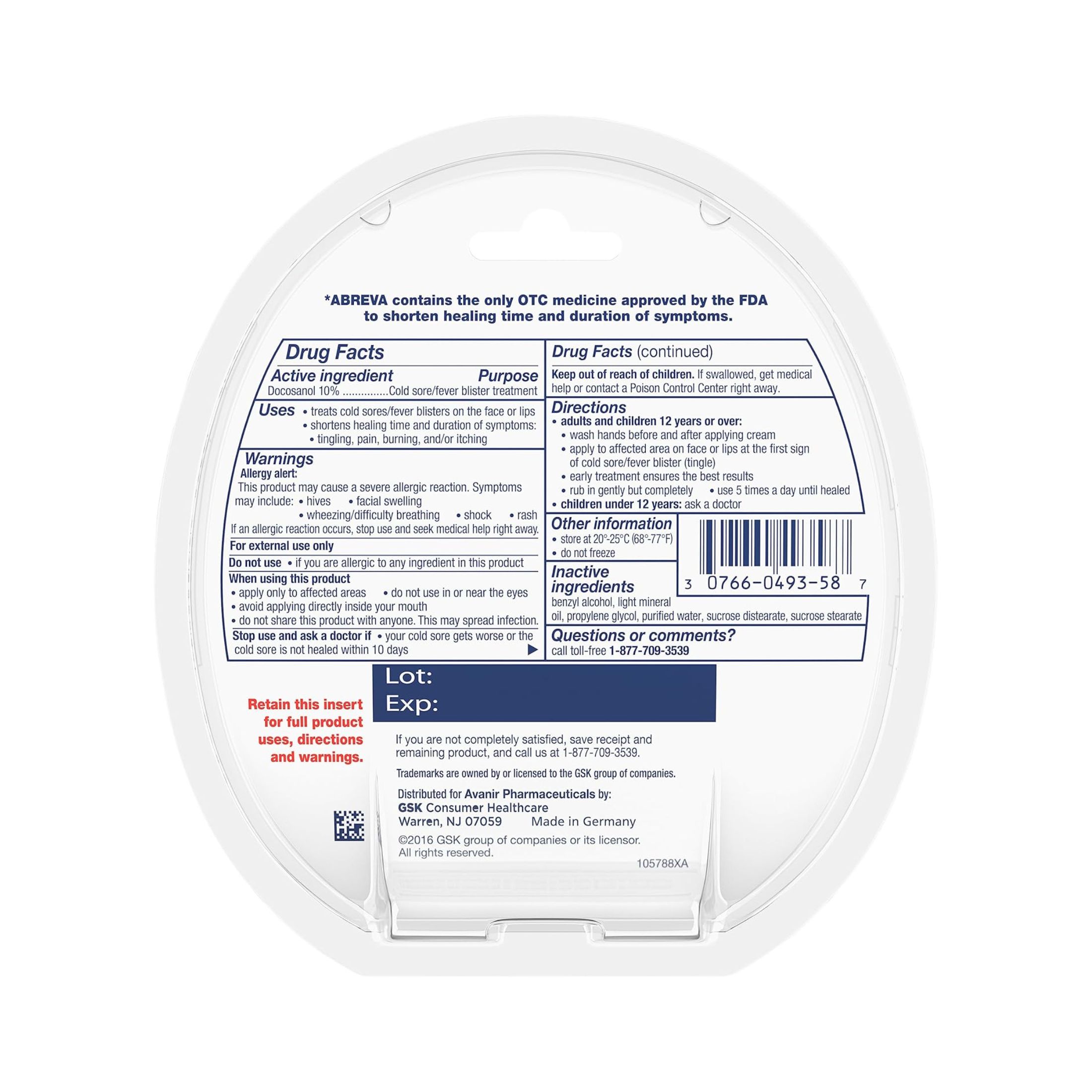 Abreva Docosanol 10% Cream Cold Sore / Fever Blister Treatment Tube - 0.07 Ounce