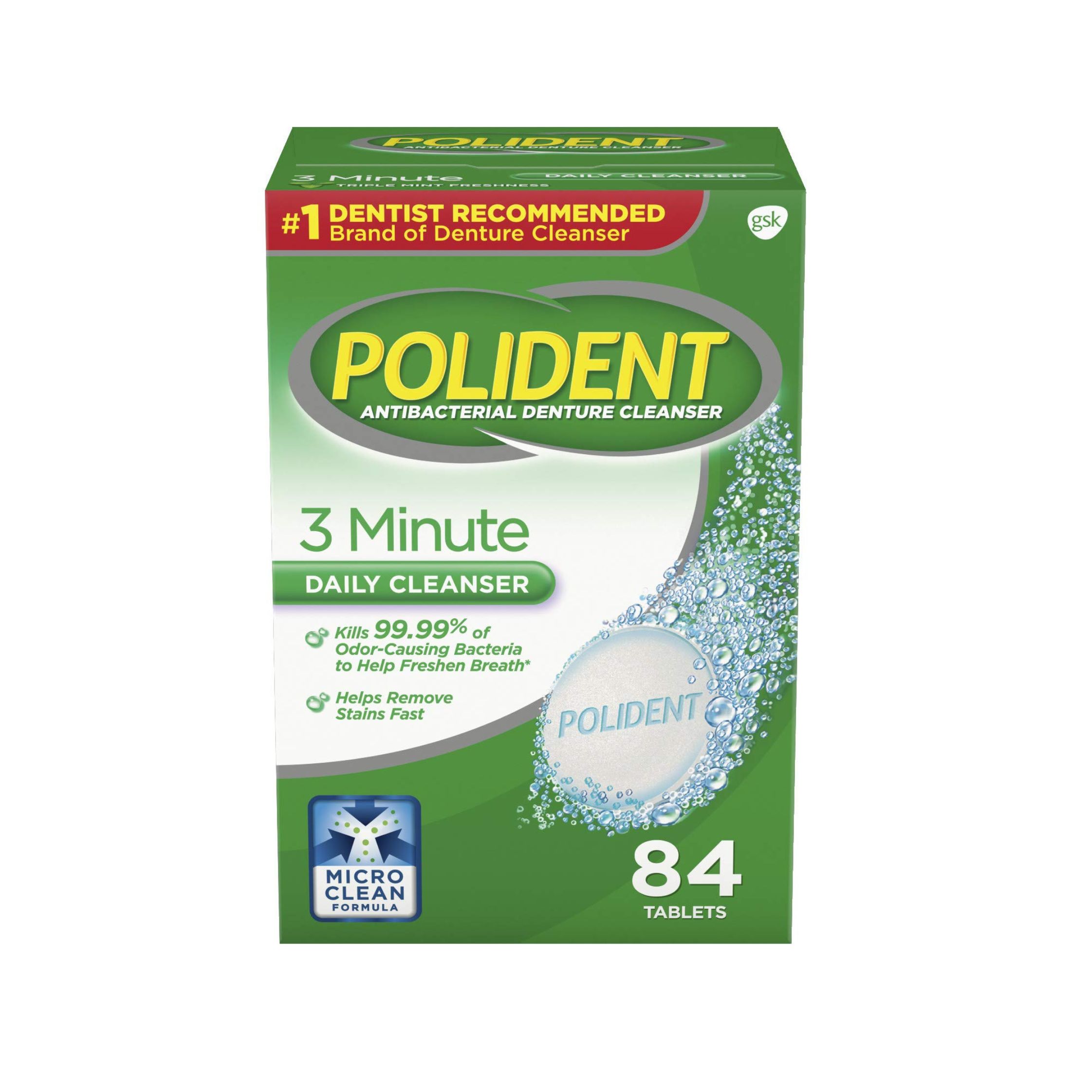 Polident Antibacterial Denture Cleanser, 3 Minute, Tablets, Triple Mint Fresh