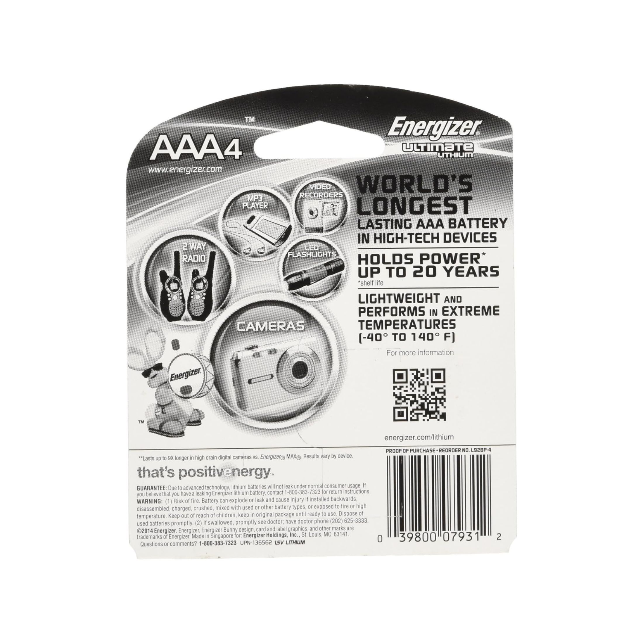 Energizer AAA 4pk 9X Ultimate Lithium Battery L92BP4