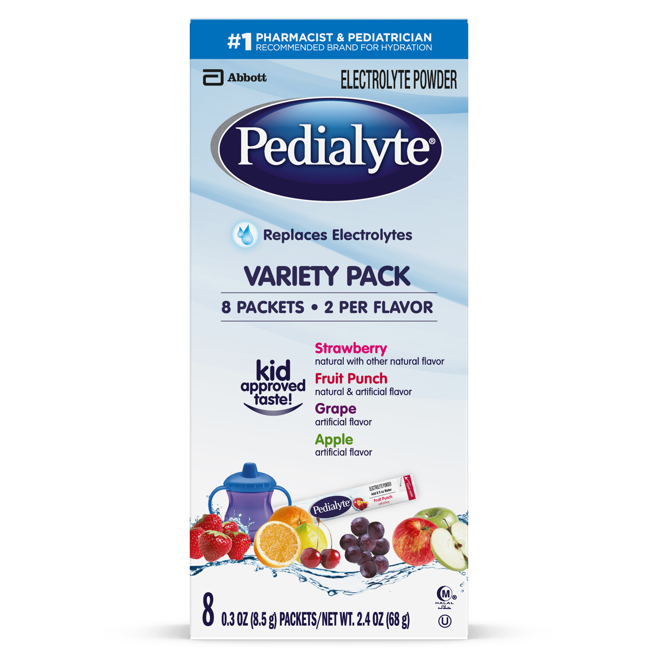 Pedialyte Variety Pack Apple Fruit Punch Grape Strawberry Electrolyte Powder 8 Packets 0.3 Oz 8 Ea Box