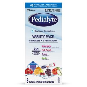 Pedialyte Variety Pack Apple Fruit Punch Grape Strawberry Electrolyte Powder 8 Packets 0.3 Oz 8 Ea Box