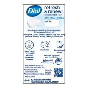 Dial Bar Soap, Deodorant, Refresh & Renew, Antibacterial, White