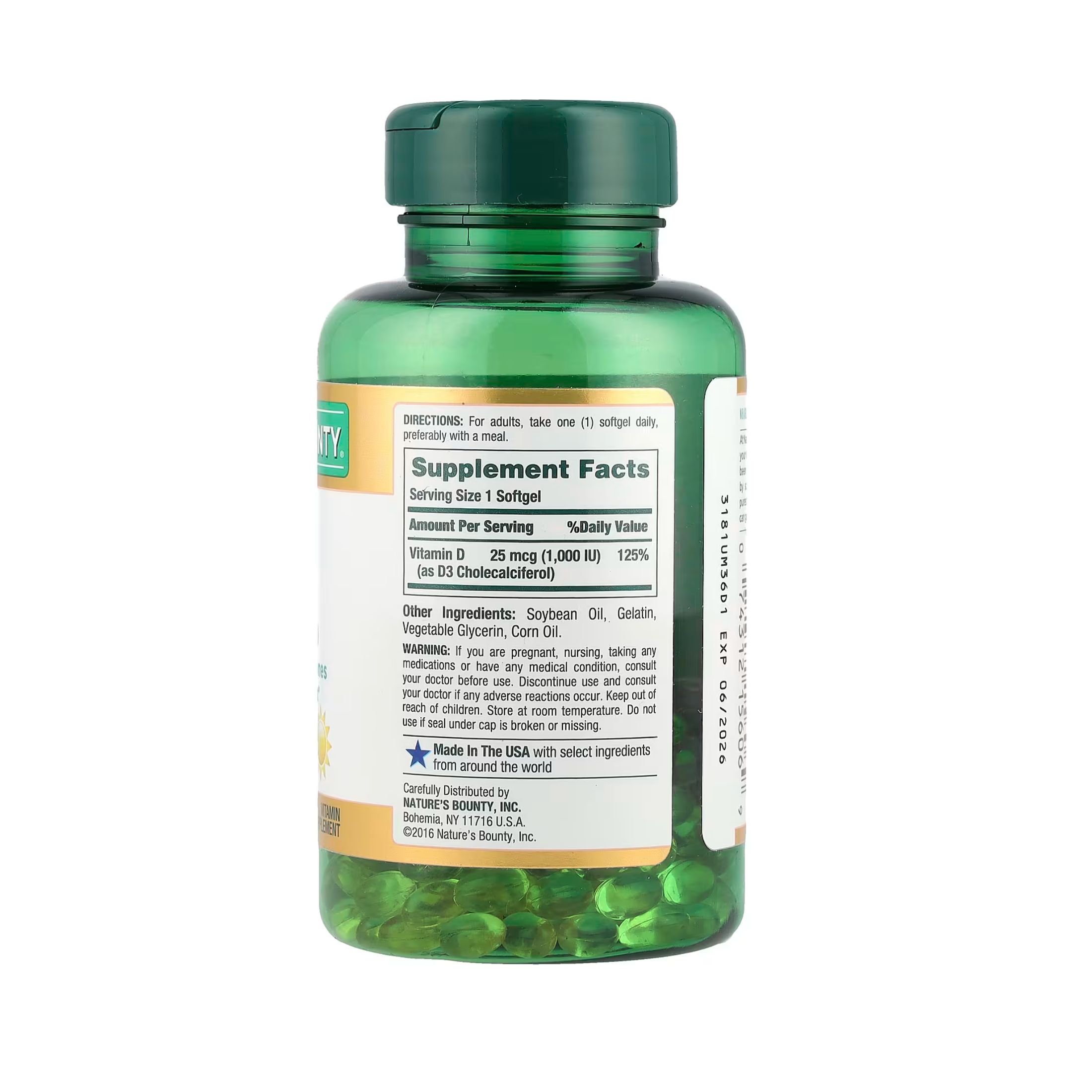 Nature's Bounty Vitamin D3, 25 Mcg (1000 IU), 250 Rapid Release Softgels