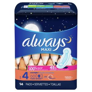 Always Maxi Pads Size 4 Overnight Absorbency Unscented With Wings