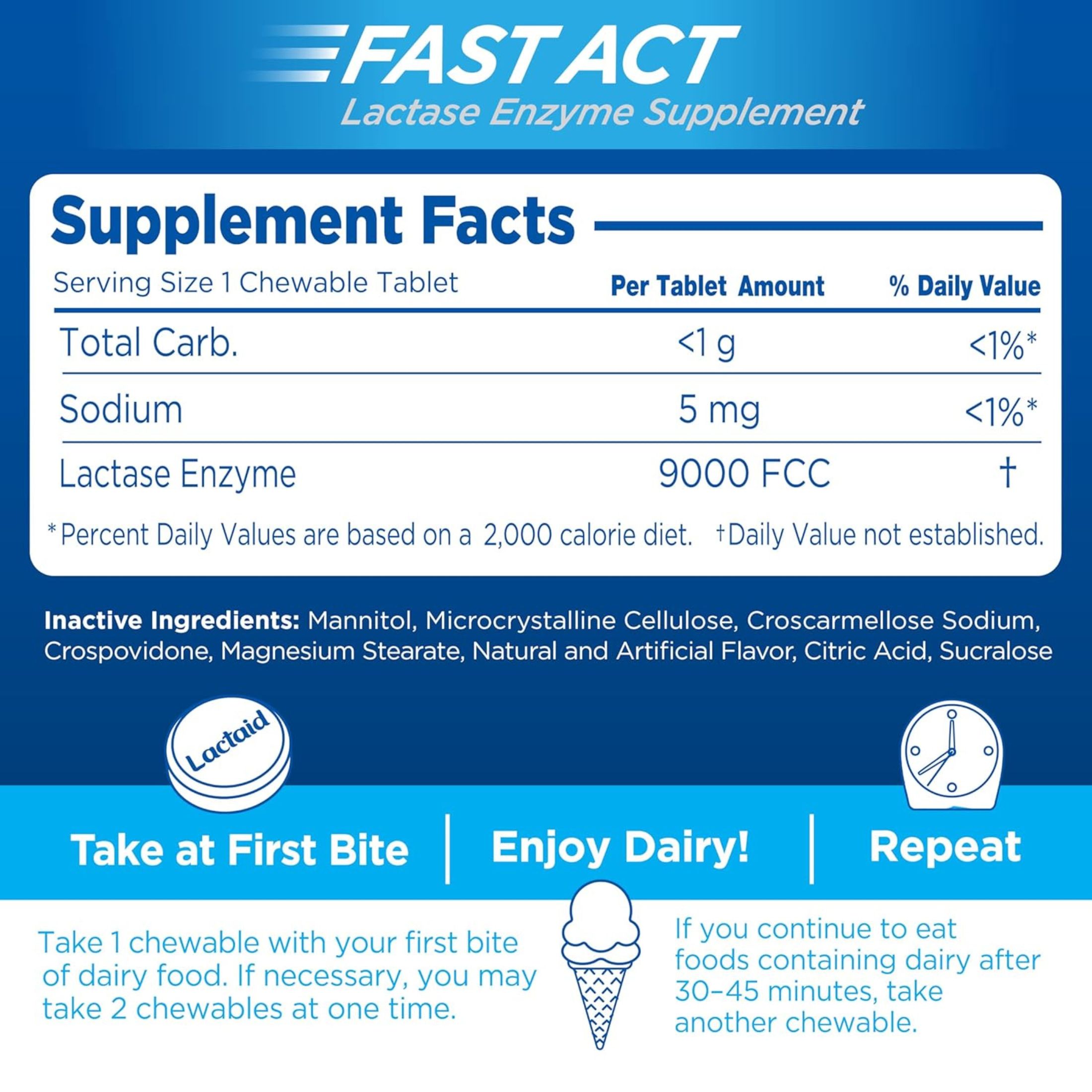 Lactaid Chewable Tablets Fast Act Vanilla Twist Flavor Lactase Enzyme Supplement 60