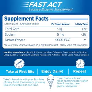 Lactaid Chewable Tablets Fast Act Vanilla Twist Flavor Lactase Enzyme Supplement 60